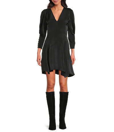 IRO Emerila Sateen V-Neck 3/4 Puff Sleeve Asymmetrical Hem Dress