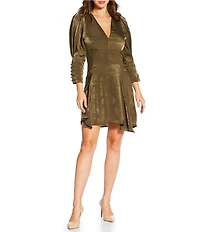 IRO Emerila Sateen V-Neck 3/4 Puff Sleeve Asymmetrical Hem Dress