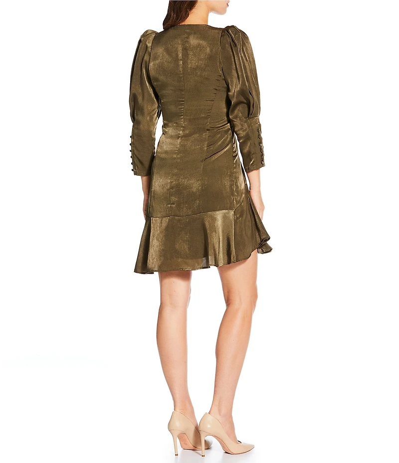 IRO Emerila Sateen V-Neck 3/4 Puff Sleeve Asymmetrical Hem Dress