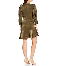 IRO Emerila Sateen V-Neck 3/4 Puff Sleeve Asymmetrical Hem Dress