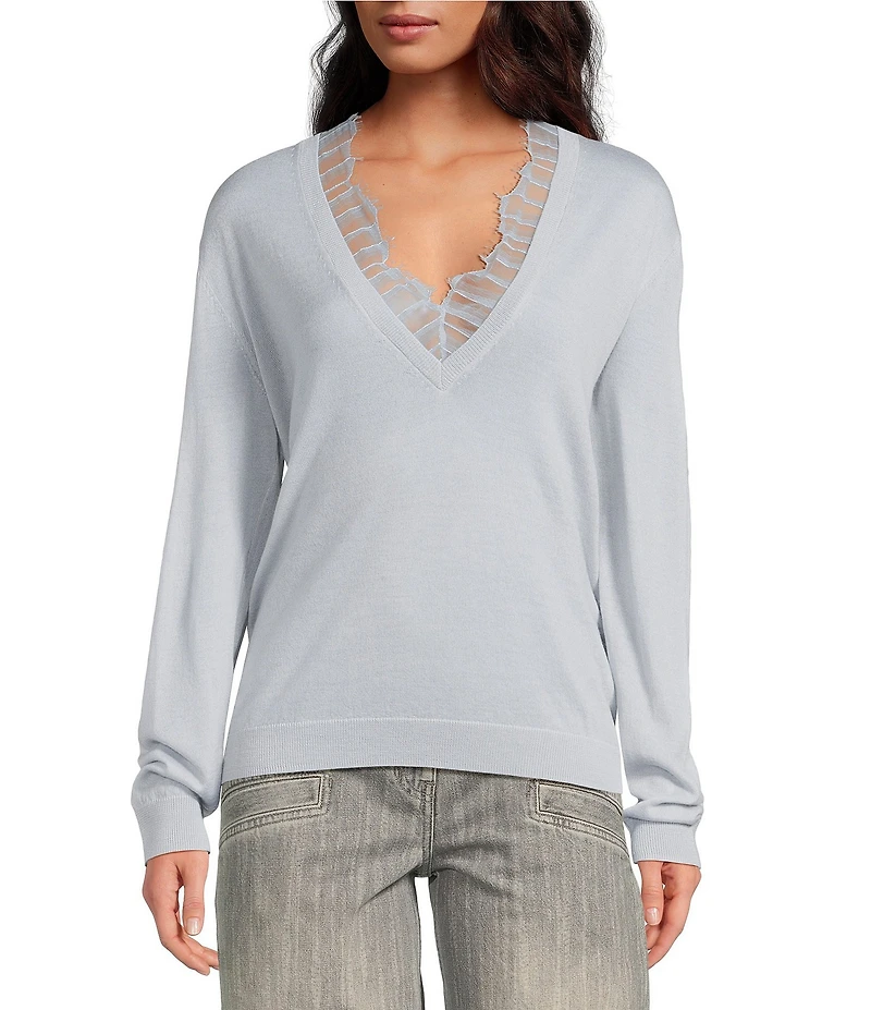 IRO Haby Fine Knit Lace V-Neck Long Sleeve Top