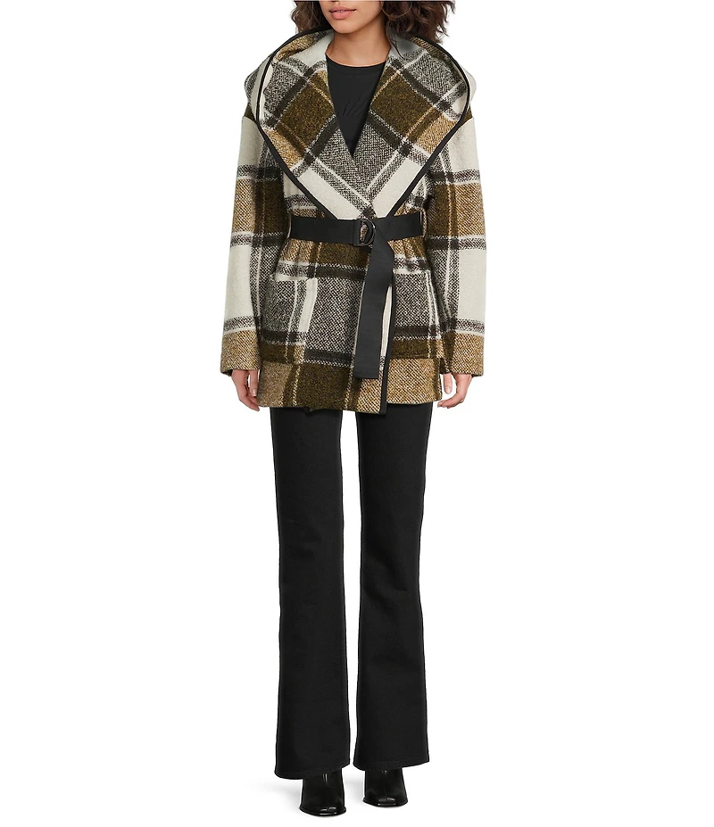 IRO Janiel Wool Alpaca Blend Plaid Shawl Collar Long Sleeve Wrap Jacket