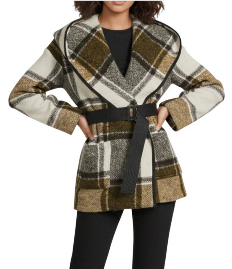 IRO Janiel Wool Alpaca Blend Plaid Shawl Collar Long Sleeve Wrap Jacket