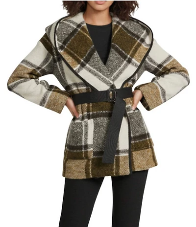 IRO Janiel Wool Alpaca Blend Plaid Shawl Collar Long Sleeve Wrap Jacket