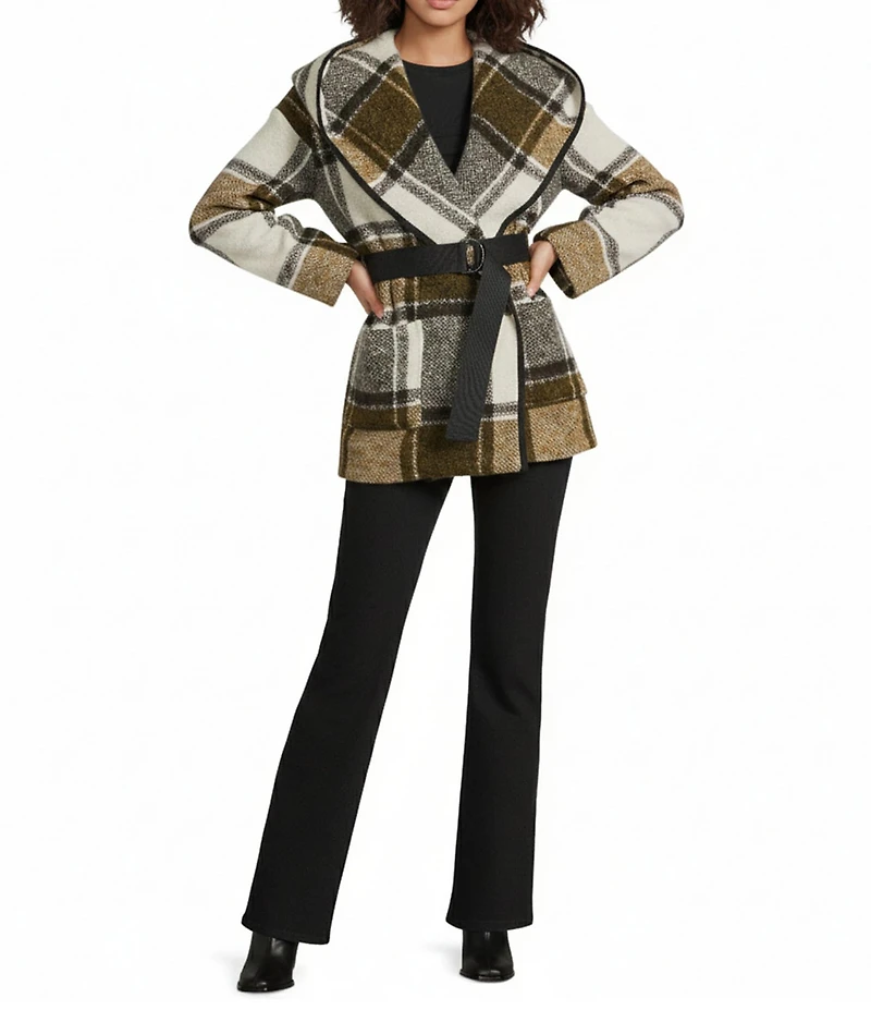 IRO Janiel Wool Alpaca Blend Plaid Shawl Collar Long Sleeve Wrap Jacket