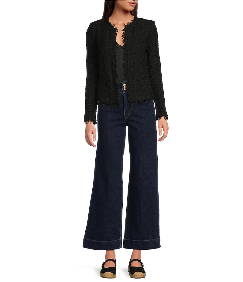 IRO Shavani Boucle Knit Fringed Edge Trim Long Sleeve Open-Front Jacket