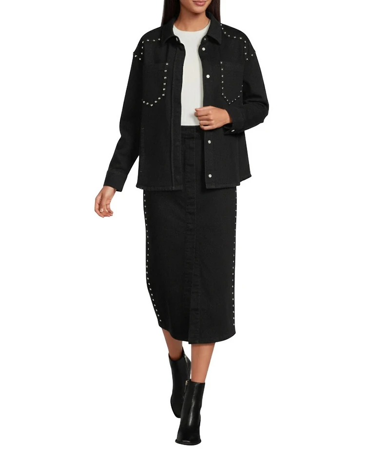 IRO Thania Denim Side Studed High Rise Midi Pencil Skirt