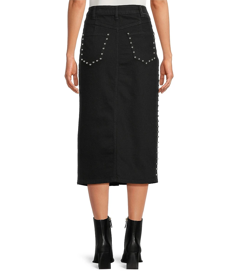IRO Thania Denim Side Studed High Rise Midi Pencil Skirt