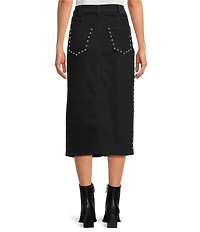 IRO Thania Denim Side Studed High Rise Midi Pencil Skirt