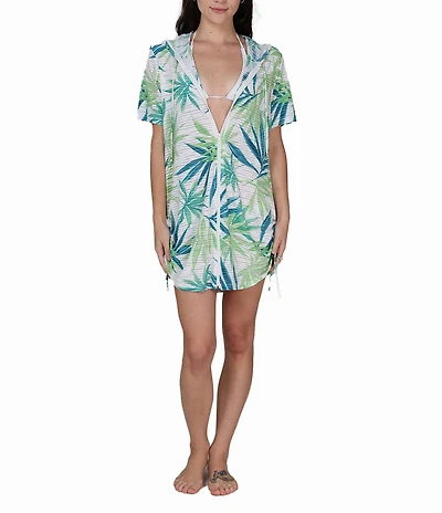 J Valdi Antigua Wave Tropical Mesh Short Sleeve Zip Front Hoodie Swim Cover-Up