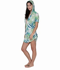 J Valdi Antigua Wave Tropical Mesh Short Sleeve Zip Front Hoodie Swim Cover-Up