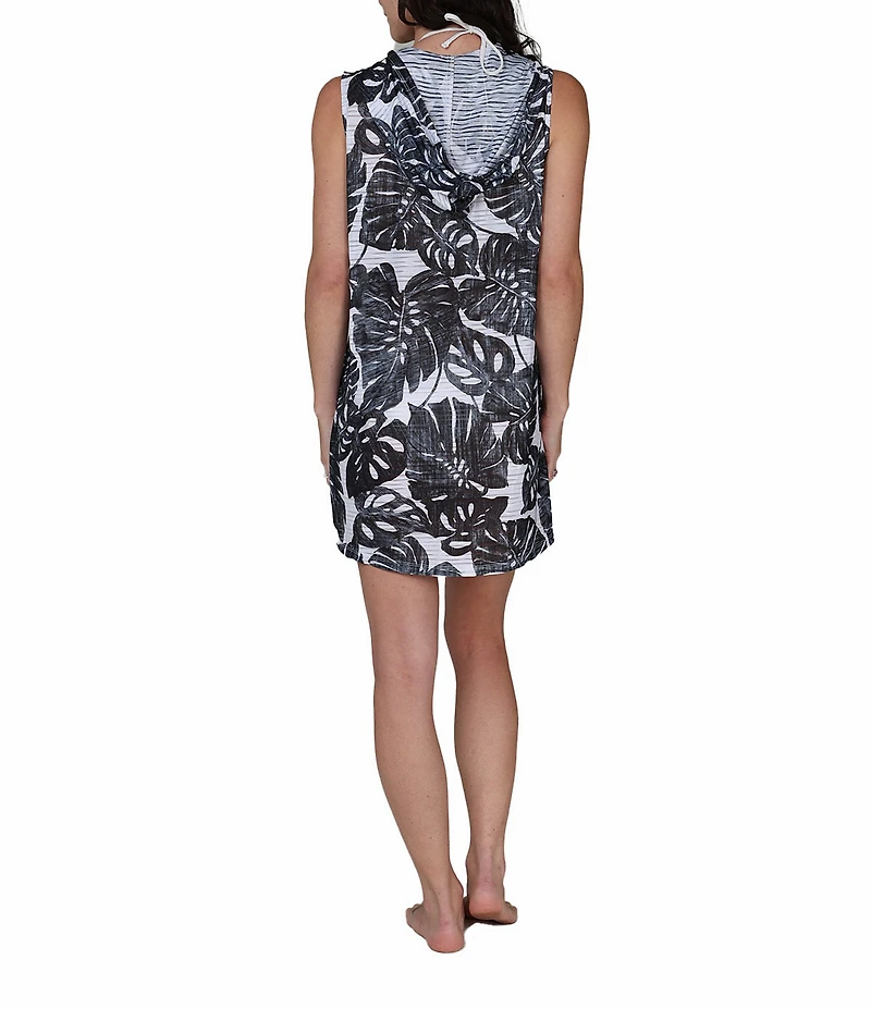 J Valdi Monstera Zip Front Sleeveless Hoodie Swim Cover-Up Dress