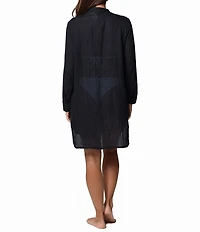 J Valdi Rayon Gauze Split V-Neck Long Sleeve Button Front Shirt Swim Cover-Up