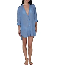 J Valdi Rayon Gauze Split V-Neck Long Sleeve Button Front Shirt Swim Cover-Up