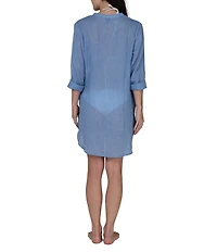J Valdi Rayon Gauze Split V-Neck Long Sleeve Button Front Shirt Swim Cover-Up