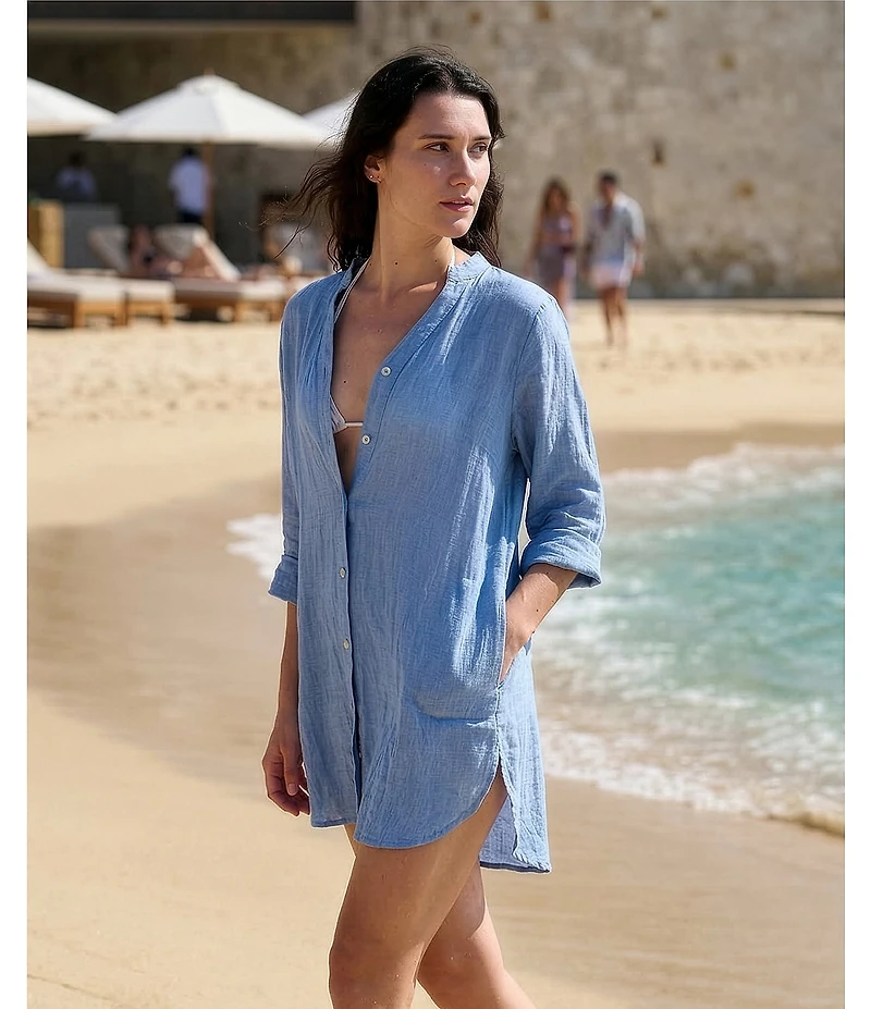J Valdi Rayon Gauze Split V-Neck Long Sleeve Button Front Shirt Swim Cover-Up