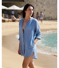 J Valdi Rayon Gauze Split V-Neck Long Sleeve Button Front Shirt Swim Cover-Up