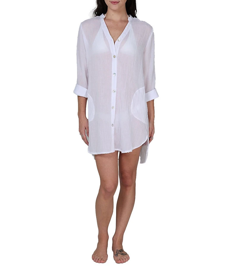 J Valdi Rayon Gauze Split V-Neck Long Sleeve Button Front Shirt Swim Cover-Up