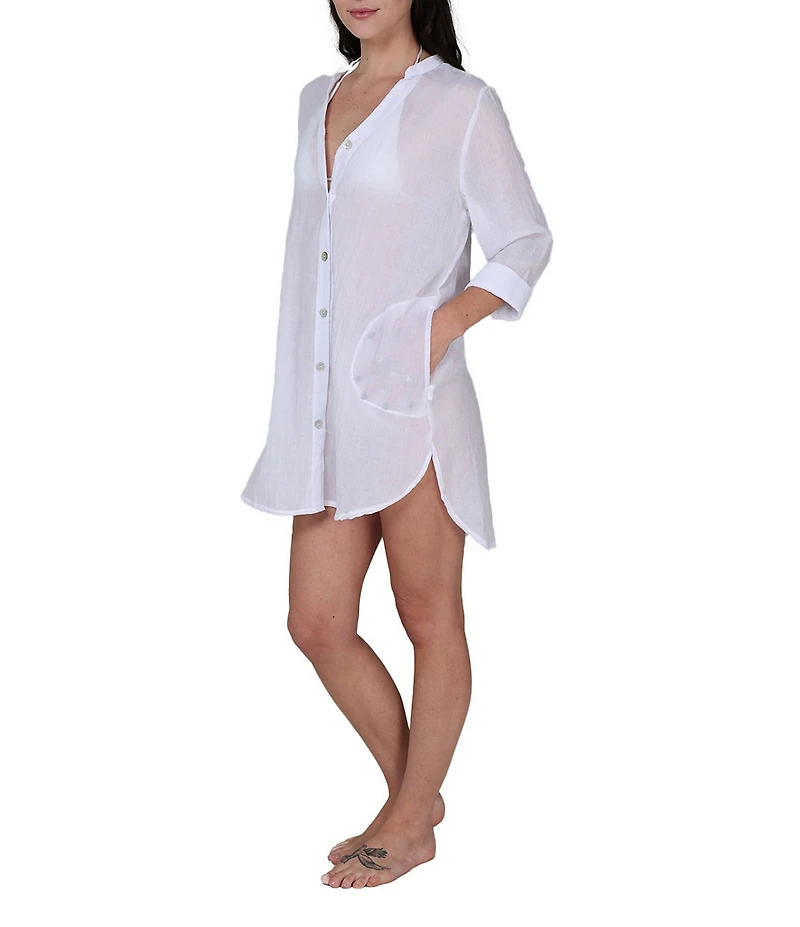J Valdi Rayon Gauze Split V-Neck Long Sleeve Button Front Shirt Swim Cover-Up