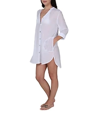 J Valdi Rayon Gauze Split V-Neck Long Sleeve Button Front Shirt Swim Cover-Up
