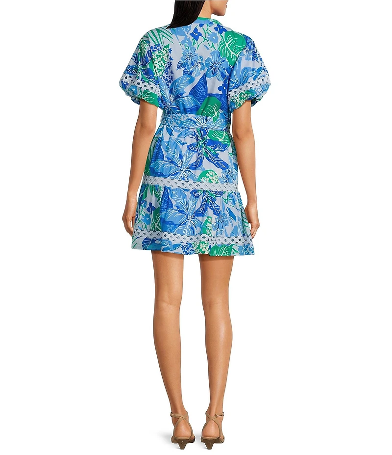 J.Marie Andie Floral Print Split Round Neck Short Puff Sleeve Belted Dress