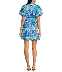 J.Marie Andie Floral Print Split Round Neck Short Puff Sleeve Belted Dress