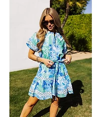 J.Marie Andie Floral Print Split Round Neck Short Puff Sleeve Belted Dress