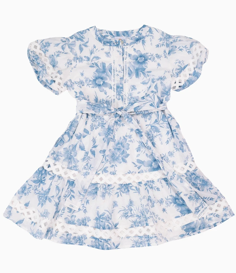 J.Marie Big Girls Chloe Toile Print Tie Front Puff Sleeve Dress