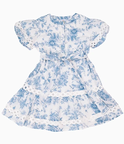 J.Marie Big Girls Chloe Toile Print Tie Front Puff Sleeve Dress