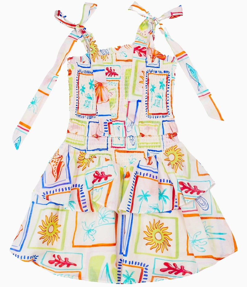 J.Marie Big Girls Lucia Beach Vibes Tropical Print Tie Strap Dress