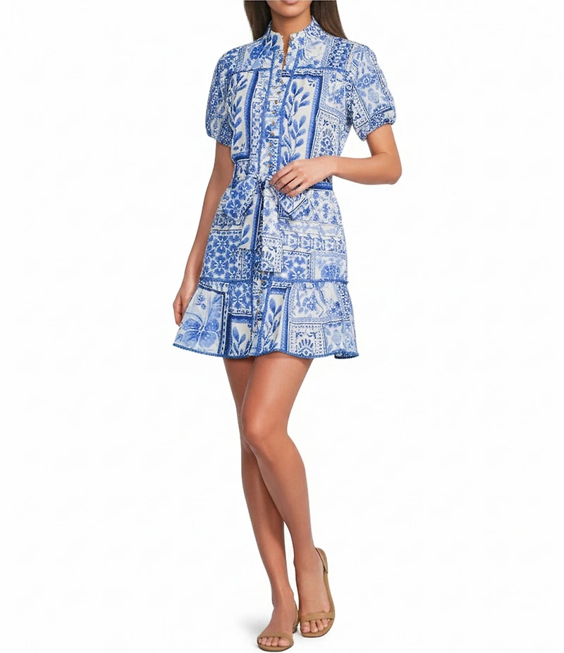 J.Marie Capri Embroidered Trim Button Front Tiered Mini Dress