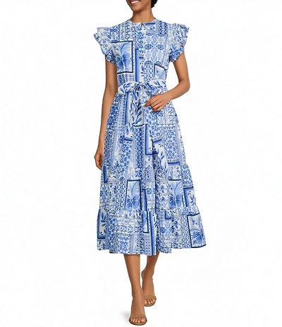 J.Marie Capri Ruffle Short Sleeve Button Up Tiered Midi Dress