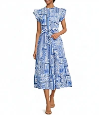 J.Marie Capri Ruffle Short Sleeve Button Up Tiered Midi Dress