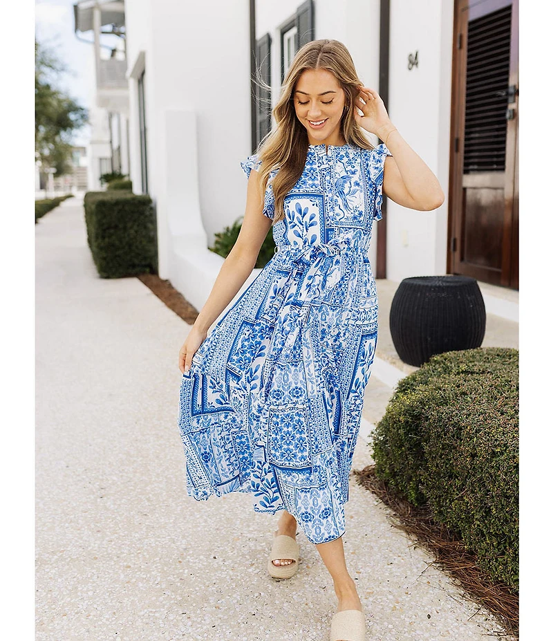 J.Marie Capri Ruffle Short Sleeve Button Up Tiered Midi Dress