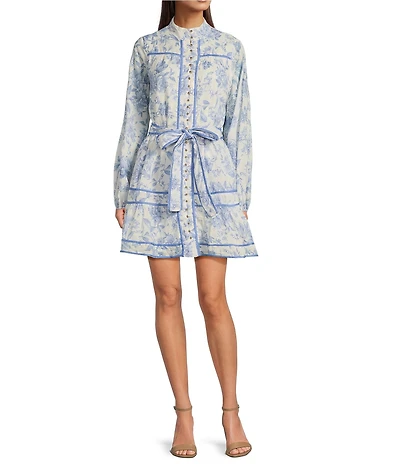 J.Marie Chloe Mock Neck Long Sleeve Tie Ruffle A-Line Dress