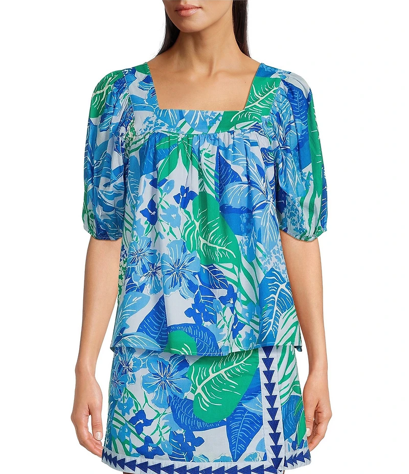 J.Marie Coordinating Andie Floral Print Square Neck Puff Sleeve Top