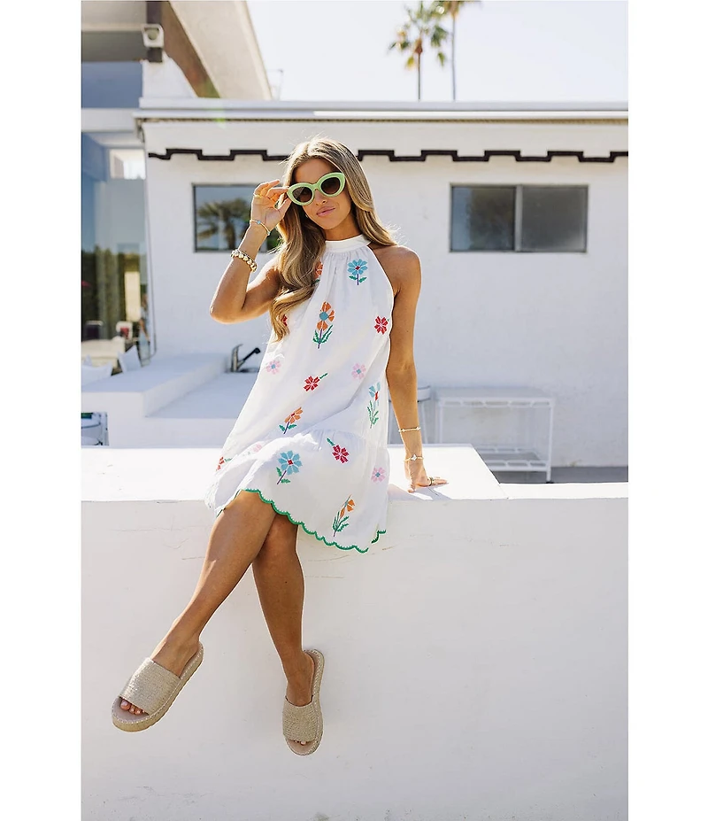 J.Marie Eloise Halter Neck Sleeveless Embroidered Mini Shift Dress