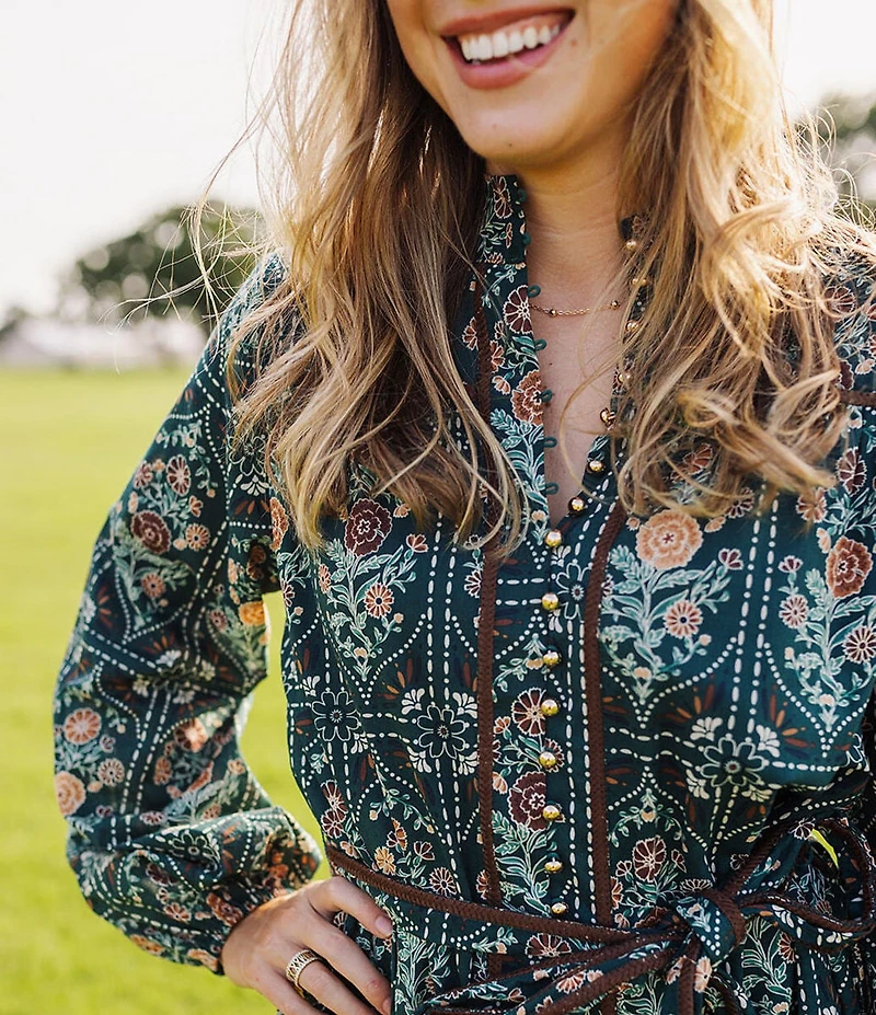 J.Marie Hazel Printed V-Neck Button Down Long Sleeve Mini Dress