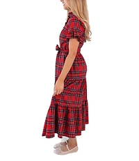 J. Marie Hollin Plaid Print Short Ruffle Sleeve Button Front Neckline Adjustable Tie Belt Midi Dress