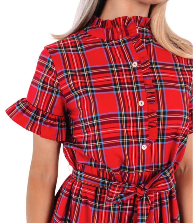 J. Marie Hollin Plaid Print Short Ruffle Sleeve Button Front Neckline Adjustable Tie Belt Midi Dress