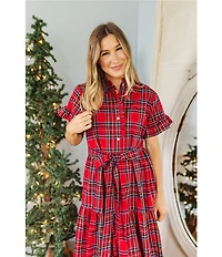 J. Marie Hollin Plaid Print Short Ruffle Sleeve Button Front Neckline Adjustable Tie Belt Midi Dress