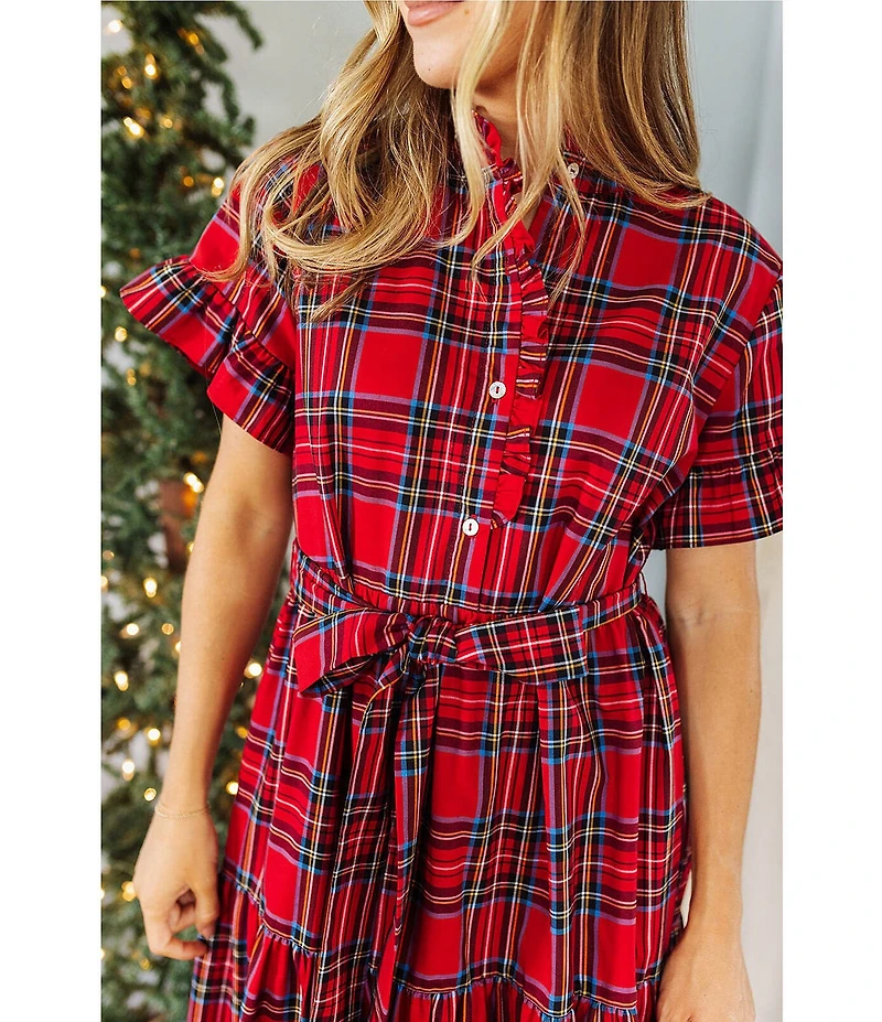 J. Marie Hollin Plaid Print Short Ruffle Sleeve Button Front Neckline Adjustable Tie Belt Midi Dress