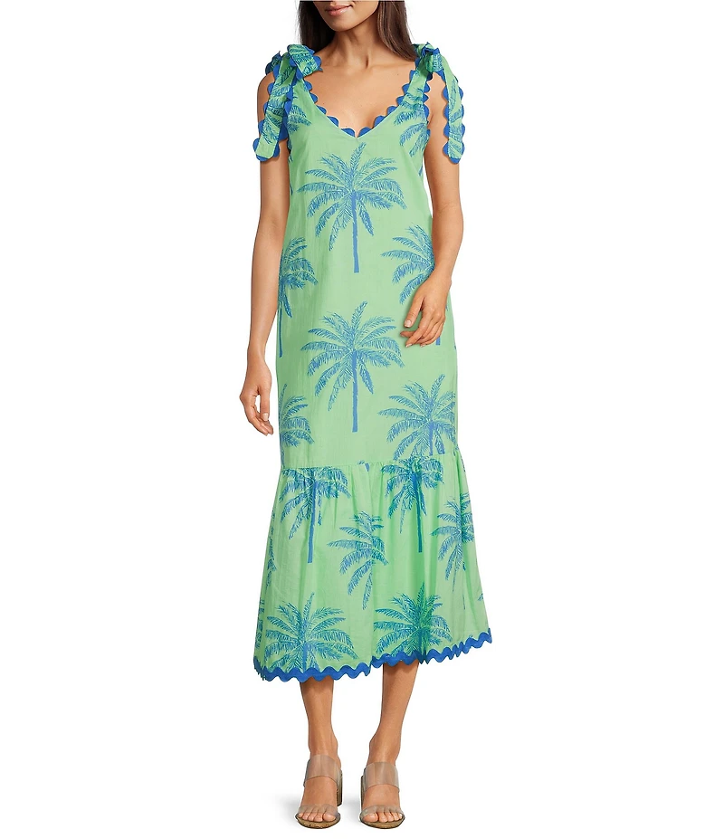 J.Marie Isla Topical Palm Print Ric Rac Scalloped Trim V-Neck Sleeveless Tie A-Line Midi Dress