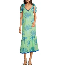 J.Marie Isla Topical Palm Print Ric Rac Scalloped Trim V-Neck Sleeveless Tie A-Line Midi Dress