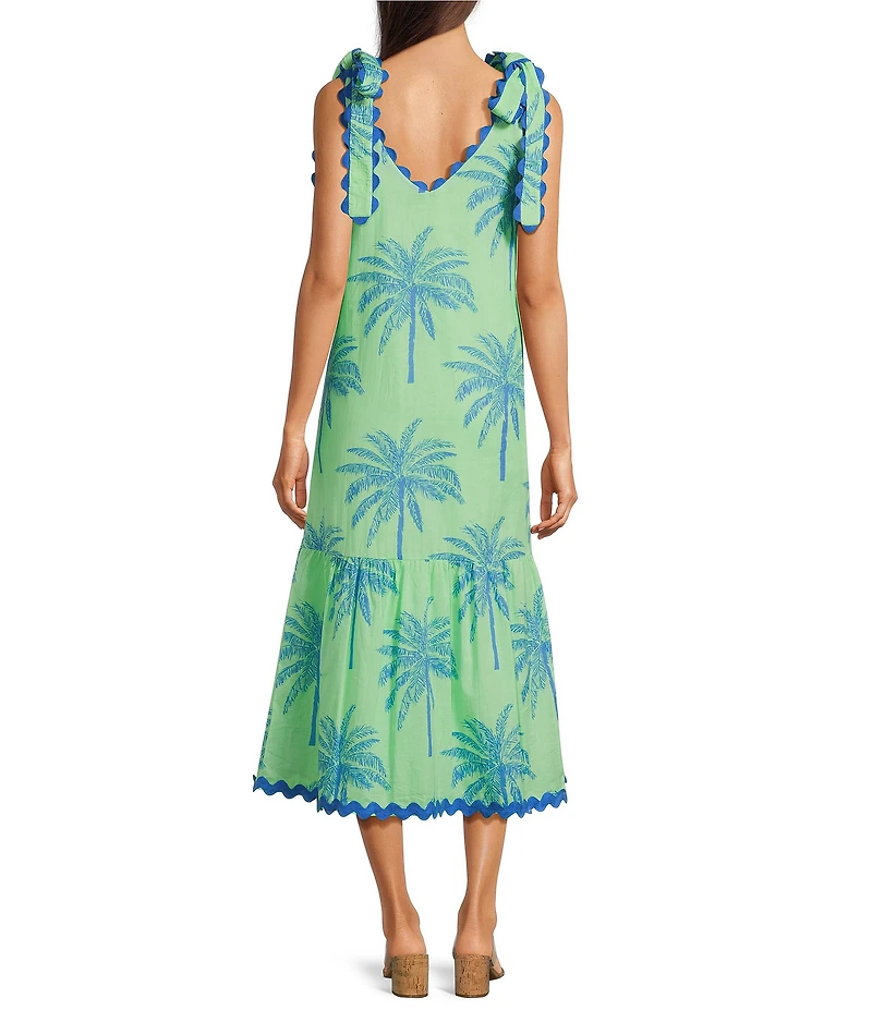 J.Marie Isla Topical Palm Print Ric Rac Scalloped Trim V-Neck Sleeveless Tie A-Line Midi Dress