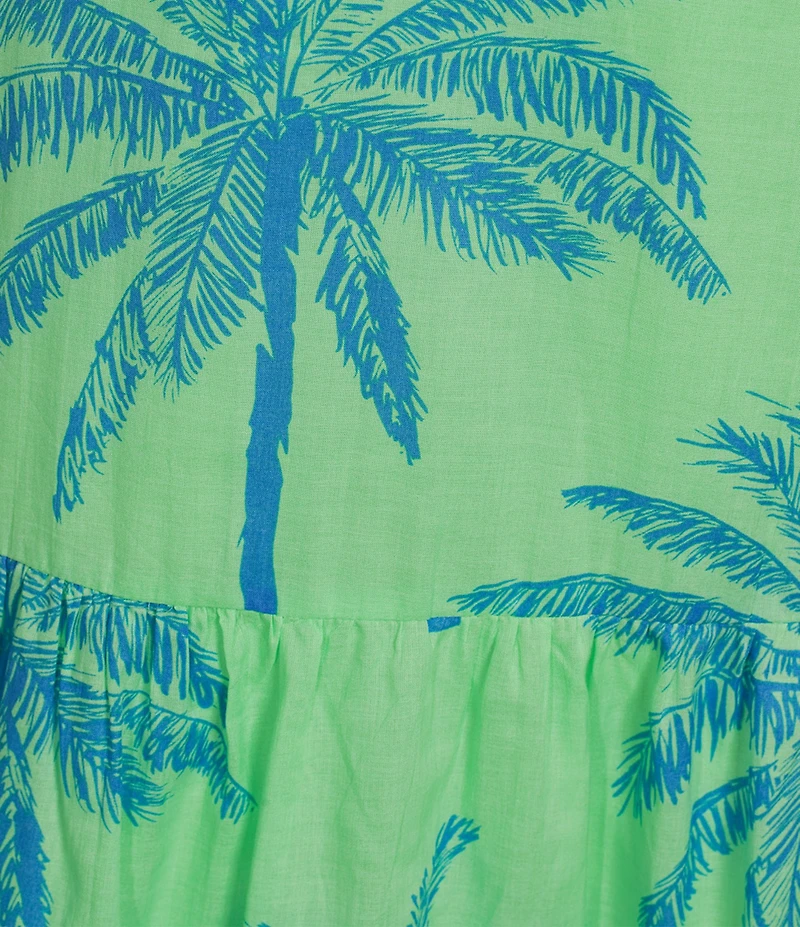 J.Marie Isla Topical Palm Print Ric Rac Scalloped Trim V-Neck Sleeveless Tie A-Line Midi Dress