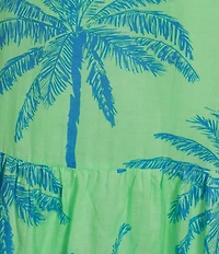 J.Marie Isla Topical Palm Print Ric Rac Scalloped Trim V-Neck Sleeveless Tie A-Line Midi Dress