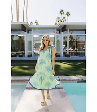 J.Marie Isla Topical Palm Print Ric Rac Scalloped Trim V-Neck Sleeveless Tie A-Line Midi Dress