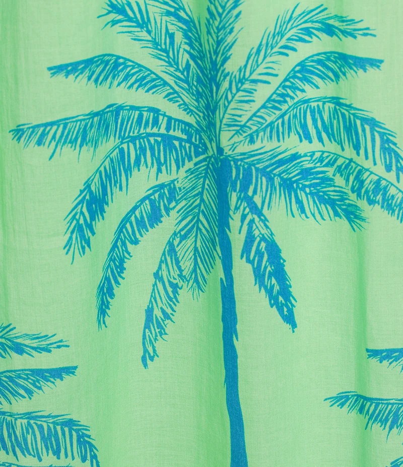 J.Marie Isla Tropical Palm V-Neck Short Puff Sleeve Midi Tiered Dress