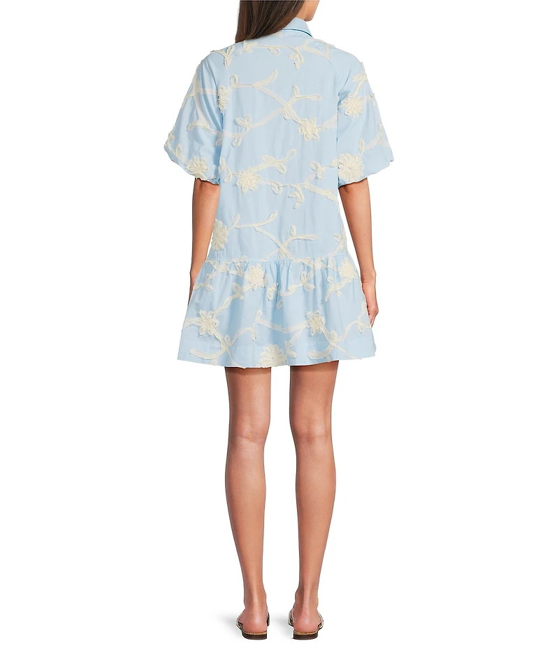 J.Marie Jill Embroidered Collared Button Up Puff Sleeve Dress